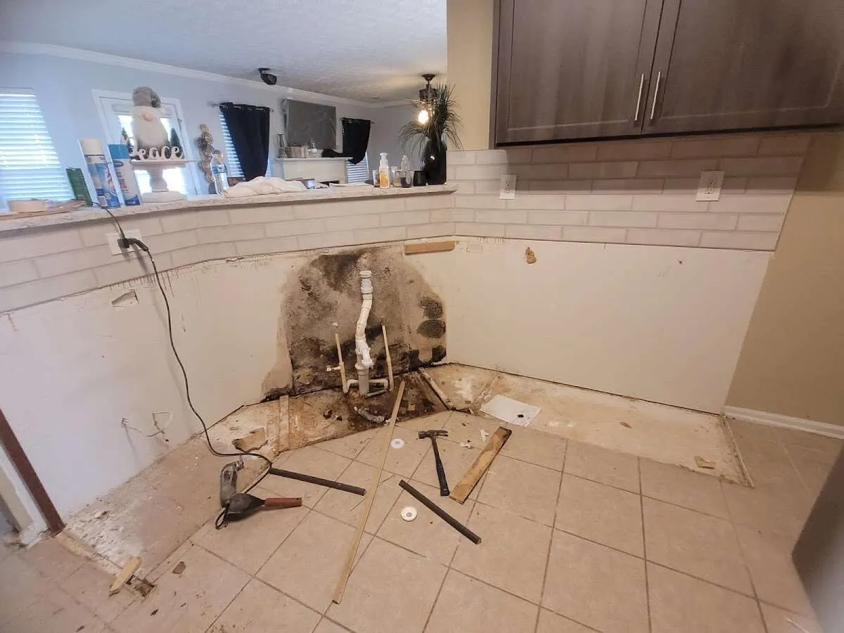 Mold behind wall with plumbing during Flood Damage Cleanup in Lakewood Ranch